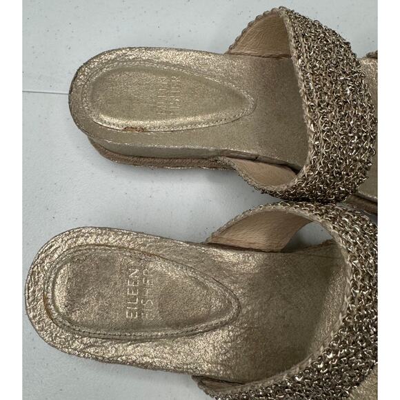 Eileen Fisher Fresh Platinum/Gold Metallic Jute Chain Slide Sandals, Size 9 - Picture 4 of 9